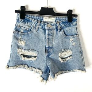 Banjara High Waist Button Fly Jean Shorts Distressed Frayed Hem Denim